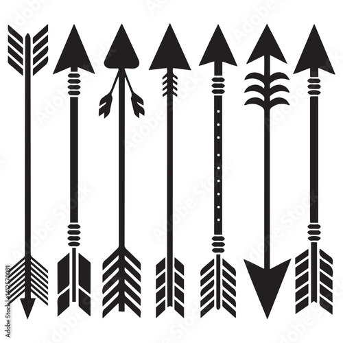 Hipster arrows. Arrows in boho style. Tribal arrows. Set of Indian style arrows. Rustic decorative arrows. Vector Black silhouettes. with white background