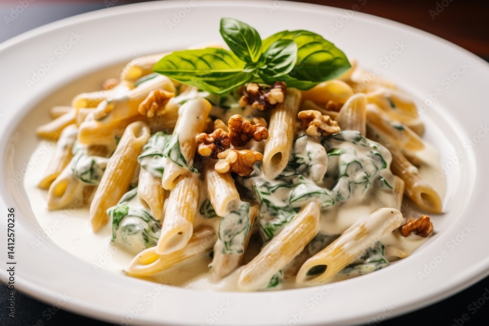 close up of a healthy whole wheat pasta with gorgonzola sauce,spinach and walnuts close up of a healthy whole wheat pasta with gorgonzola sauce,spinach and walnuts