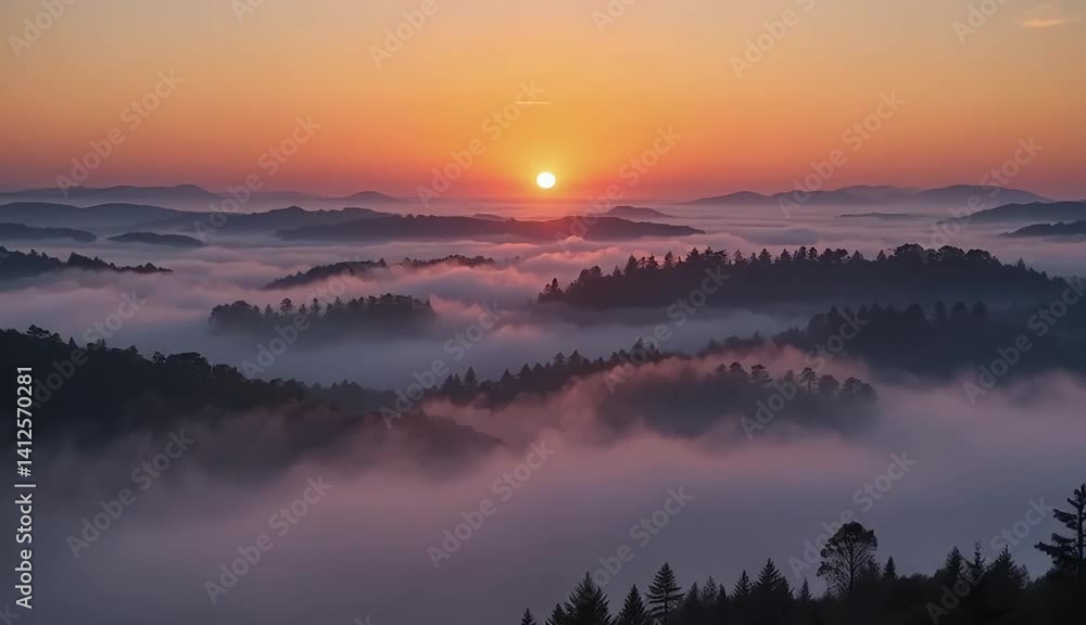 Sunrise Over Foggy Valley with Hills and Trees Emerging from the Mist Sunrise Over Foggy Valley with Hills and Trees Emerging from the Mist
