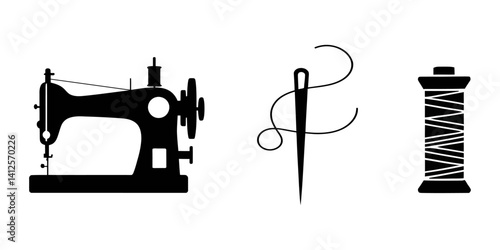 Vintage tailor Sewing set silhouette Tailoring and Sewing Icons Elements Set, sewing machines set silhouette, vector on white background, Sewing Silhouette Icons, Sewing Symbols, Black Symbols.