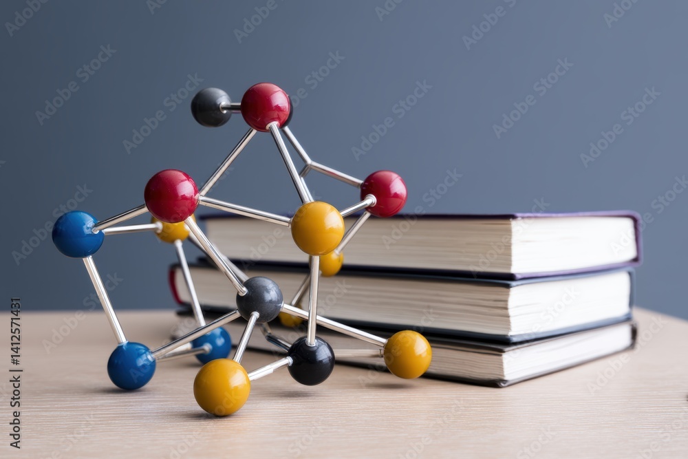 Obraz premium Molecular structure model placed next to stack of books in a chemistry classroom context