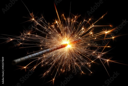 Macro shot of a sparkler firework emitting golden light streaks during a festive celebration at night