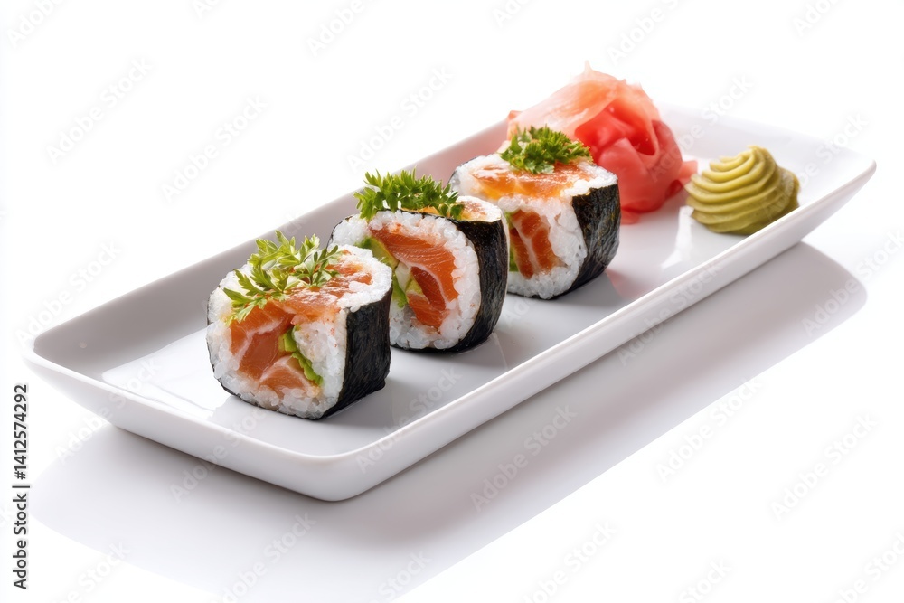Fresh sushi rolls elegantly arranged with wasabi and ginger on a ceramic plate, reflecting Japanese culinary art Fresh sushi rolls elegantly arranged with wasabi and ginger on a ceramic plate, reflecting Japanese culinary art