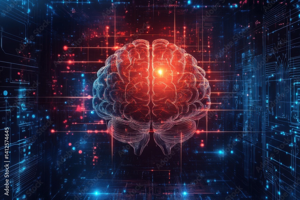 A glowing brain surrounded by digital lines and particles representing technology and artificial intelligence A glowing brain surrounded by digital lines and particles representing technology and artificial intelligence