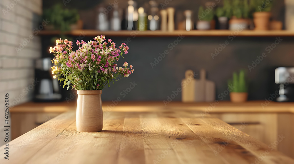 Pink Floral Arrangement in Ceramic Vase on Rustic Wooden Table in Sunlit Kitchen with Brick Backsplash and Wooden Cabinets Pink Floral Arrangement in Ceramic Vase on Rustic Wooden Table in Sunlit Kitchen with Brick Backsplash and Wooden Cabinets