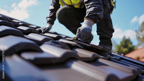 Roofing worker inspecting roof tiles for replacement. Featuring focus and care © LorelEino