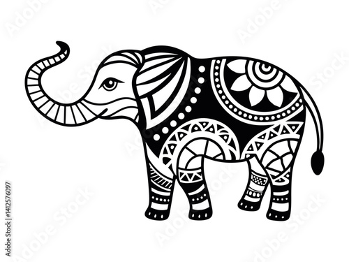 Hand drawn ink zentangle elephant for relax and meditation. Vector pattern black and white illustration can be used for coloring book pages for kids and adults