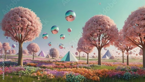 Bright and unusual spring landscape: blooming fields, green grass, vibrant flowers, and sunny skies creating an atmosphere of freshness and nature.