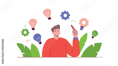 floating idea icons around creative thinker on white background