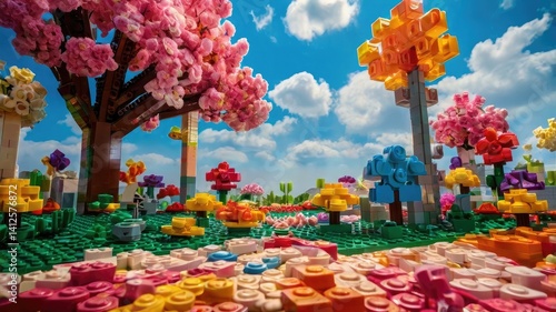 Bright and unusual spring landscape: blooming fields, green grass, vibrant flowers, and sunny skies creating an atmosphere of freshness and nature.