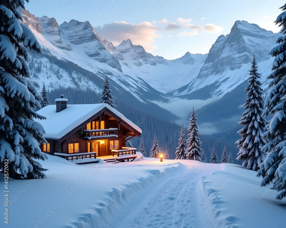Fototapeta premium Snowy Mountain Retreat, A Cozy Cabin Nestled Amidst Winter Wonderland Scenery with Towering Peaks and Pristine Snow-Covered Evergreens in Serene Ambiance