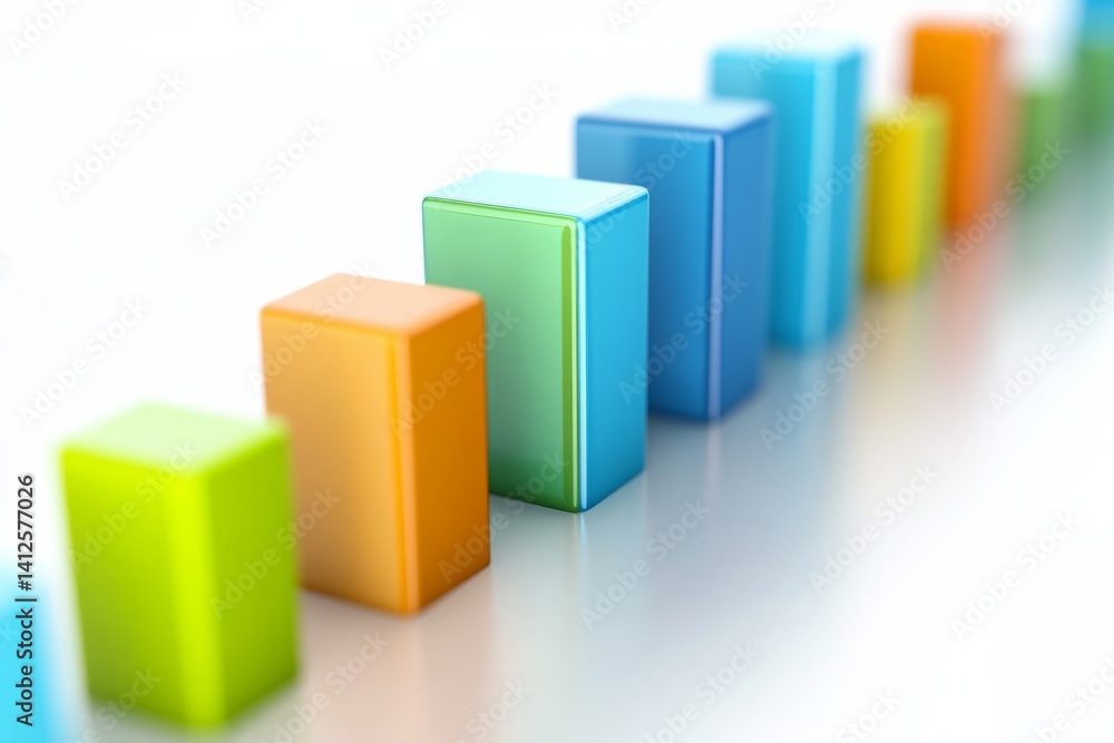 colorful bar chart with vibrant, 3D bars of varying heights in blue, orange, and green, placed on clean white background with subtle shadows with copy space. Investment and finance. colorful bar chart with vibrant, 3D bars of varying heights in blue, orange, and green, placed on clean white background with subtle shadows with copy space. Investment and finance.