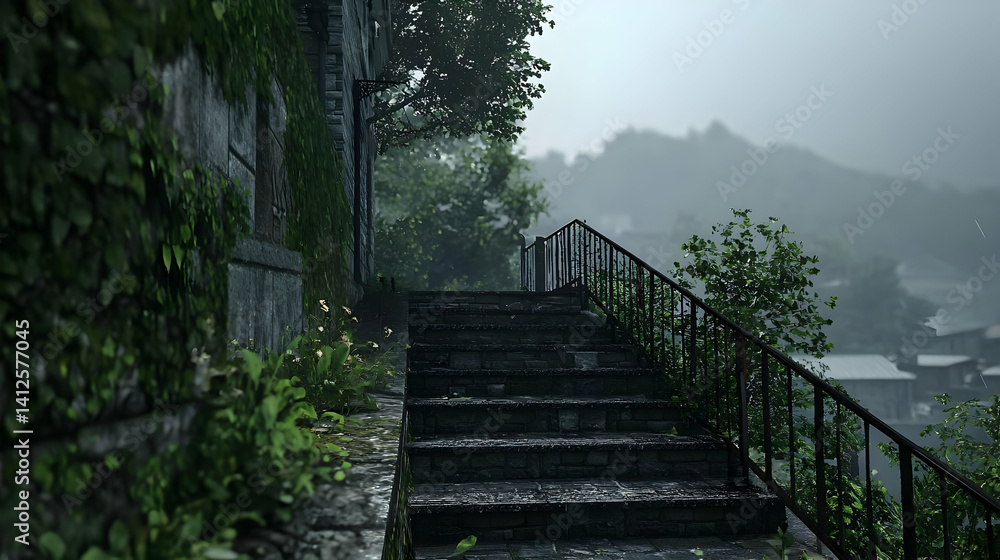 Fototapeta premium Rainy Stone Steps Leading To An Asian Village