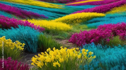 Bright and unusual spring landscape: blooming fields, green grass, vibrant flowers, and sunny skies creating an atmosphere of freshness and nature.
