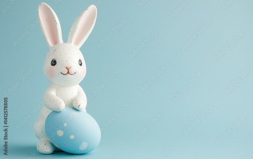 Fototapeta premium Photo of a white Easter bunny sitting on a blue egg, isolated on a pastel background, with copy space for text. Stock photo contest winner, Easter theme, pastel colors, high resolution, very detailed,