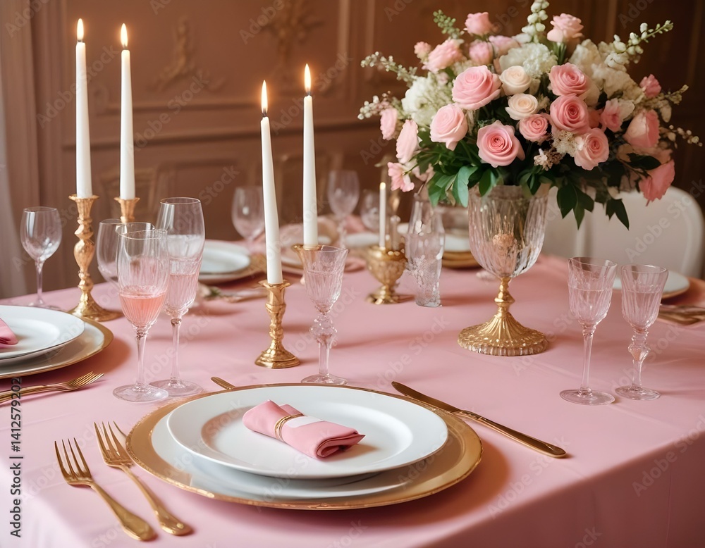 table decoration with pink tablecloth, crystal candlesticks with candles and white pink flowers in restaurant . stylish wedding day. setting table with gold plate, fork and knife. table decoration with pink tablecloth, crystal candlesticks with candles and white pink flowers in restaurant . stylish wedding day. setting table with gold plate, fork and knife.