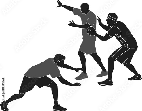 Silhouette of Three Basketball Players Engaging in an Offensive and Defensive Play