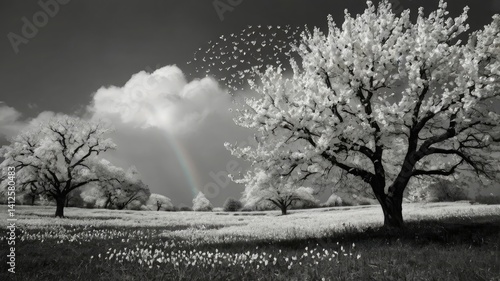 Bright and unusual spring landscape: blooming fields, green grass, vibrant flowers, and sunny skies creating an atmosphere of freshness and nature.
