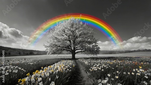 Bright and unusual spring landscape: blooming fields, green grass, vibrant flowers, and sunny skies creating an atmosphere of freshness and nature.