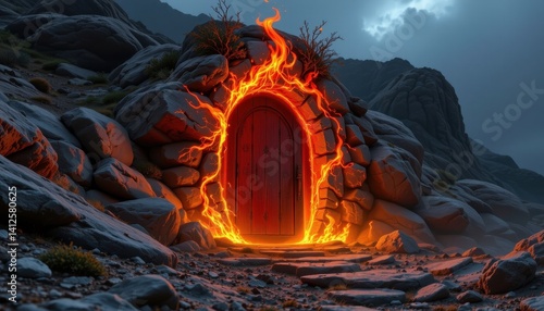 Fiery Opening A door aflame with light surrounded by a rugged terrain, symbolizing passion and adventure.