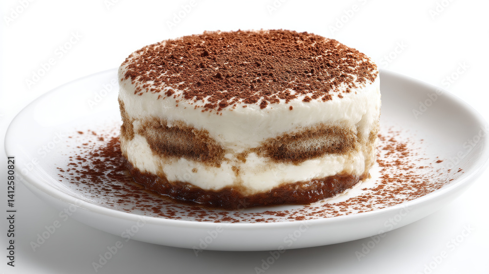 Delicious tiramisu dessert with layers of cream and cocoa powder, served on white plate, perfect for any occasion Delicious tiramisu dessert with layers of cream and cocoa powder, served on white plate, perfect for any occasion