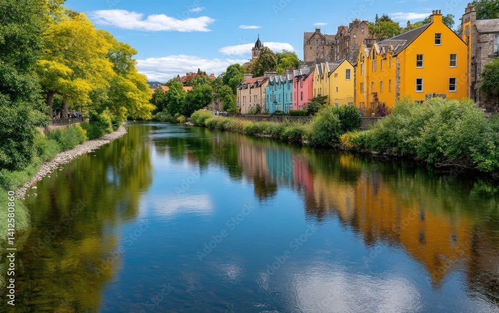 The colorful houses along the River Desay in Edinburgh, Scotland, with trees and greenery on both sides of the river. The colorful houses along the River Desay in Edinburgh, Scotland, with trees and greenery on both sides of the river.