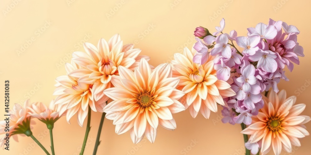 Subtle peach and lilac dahlias on warm beige seamless background, invitation, pattern Subtle peach and lilac dahlias on warm beige seamless background, invitation, pattern