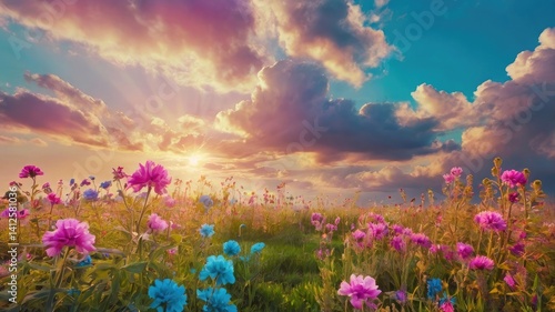 Bright and unusual spring landscape: blooming fields, green grass, vibrant flowers, and sunny skies creating an atmosphere of freshness and nature.