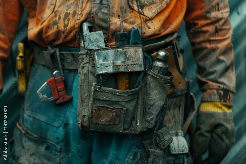Close-up of a construction worker with a bag and tools kit worn on the waist Close-up of a construction worker with a bag and tools kit worn on the waist