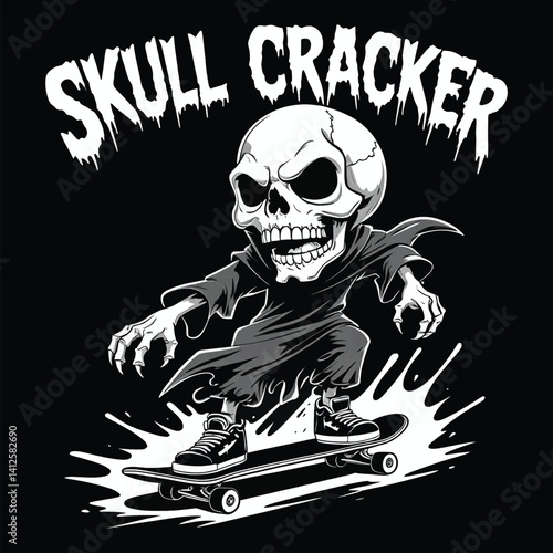 Skull Cracker Skater: Chibi Reaper with Twisted Grin Rides Bold Against a Stark Black Punk Backdrop, Skull Typography T-shirt Vector design, 