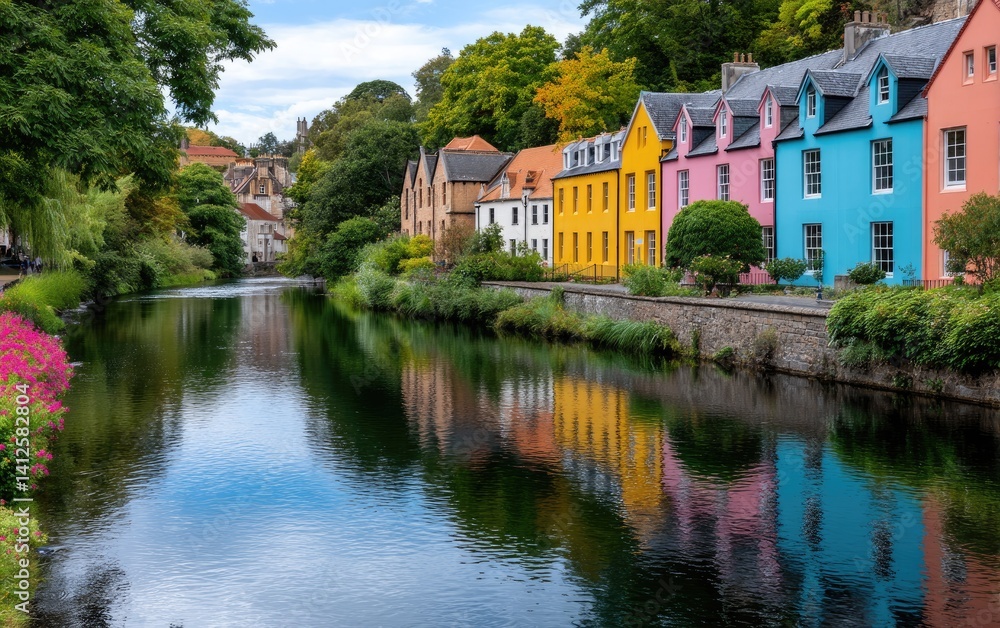 Obraz premium The colorful buildings are among the best things to do in Edinburgh. The city features a river running through town, surrounded by greenery and trees