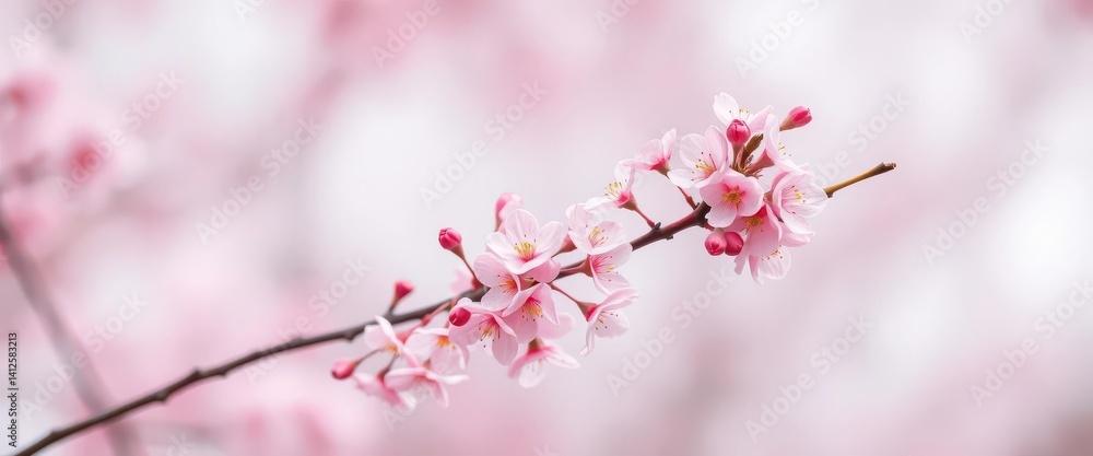 Delicate pink cherry blossoms cluster on a slender, gently curving branch against a soft, blurred background, background, sakura Delicate pink cherry blossoms cluster on a slender, gently curving branch against a soft, blurred background, background, sakura