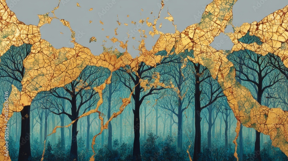 Enchanted forest landscape with golden kintsugi cracks merging nature and restoration for mystical branding and eco storytelling