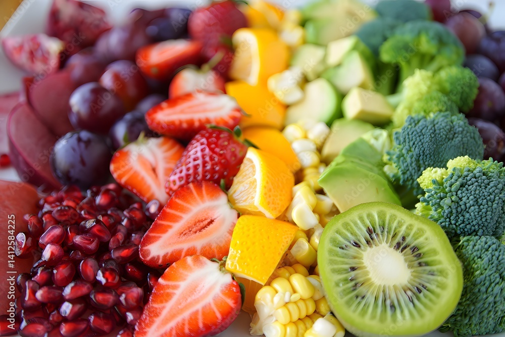 A vibrant, colorful arrangement of fresh fruits and vegetables creates a visually stunning rainbow on a pristine plate. The carefully curated display showcases an array of healthy ingredients. A vibrant, colorful arrangement of fresh fruits and vegetables creates a visually stunning rainbow on a pristine plate. The carefully curated display showcases an array of healthy ingredients.