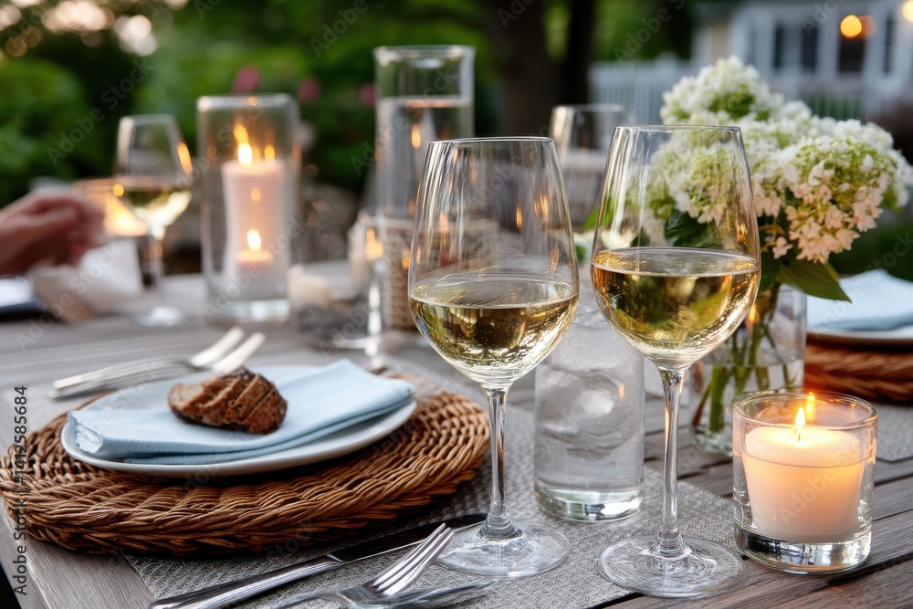 This image captures a beautifully arranged dinner table with white wine glasses, candles, and floral decor, set in a serene outdoor environment for a special gathering. This image captures a beautifully arranged dinner table with white wine glasses, candles, and floral decor, set in a serene outdoor environment for a special gathering.