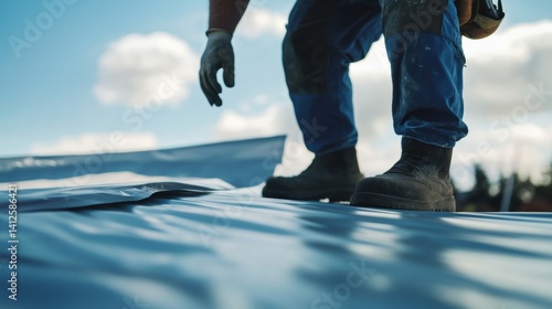 Roofing worker securing a tarp on a roof during construction. Featuring focus and protection