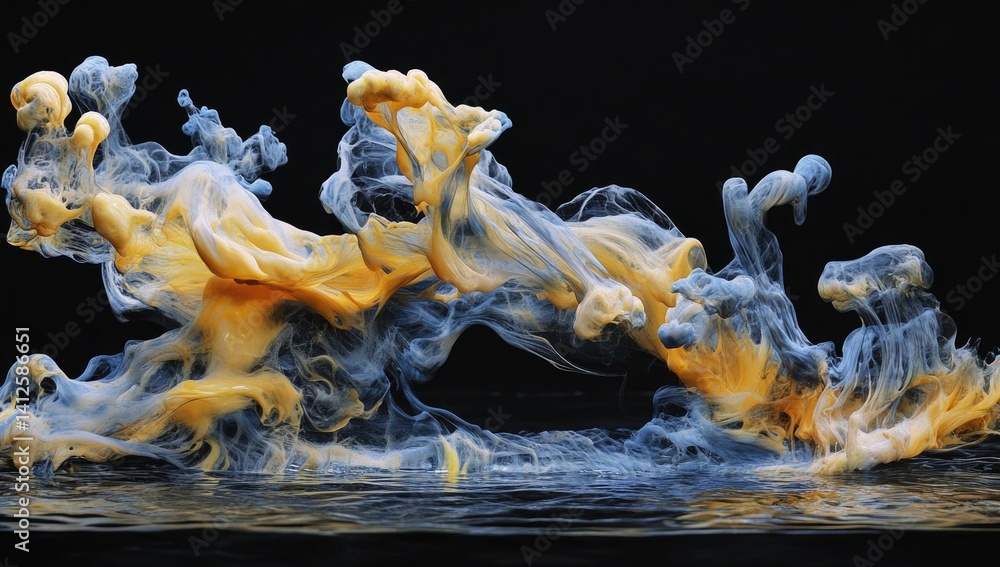 Fototapeta premium Abstract swirling yellow and blue ink in water against a black background