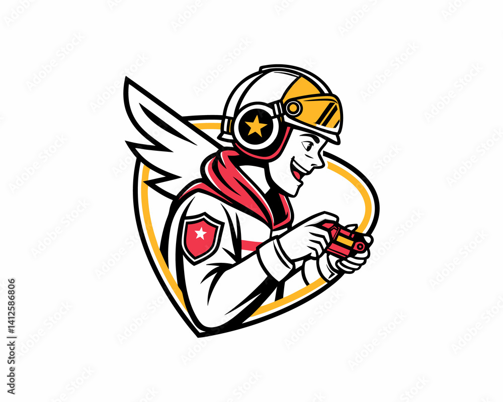 Naklejka premium A stylized, profile view of a young male gamer, wearing a red hooded jacket, baseball cap, and headphones.