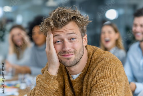 Unprepared businessman in meeting with shocked expression