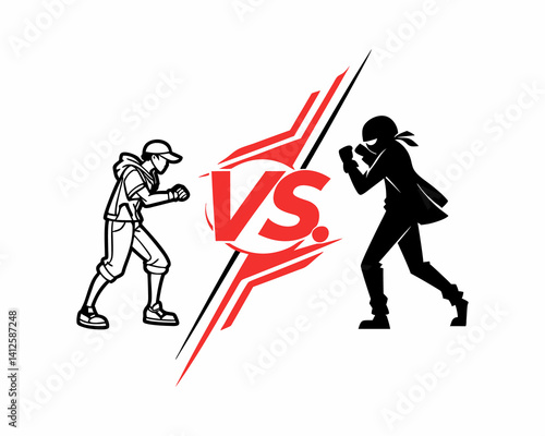 Fotografie A dynamic graphic design showcasing a baseball player and an ancient warrior, both swinging baseball bats, set against a bold VS