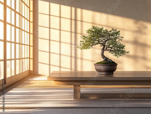 Bonsai Serenity:A small Bonsai sits serenely in a minimalist room filled with sunlight through latticed windows, symbolizing peace and simple living.