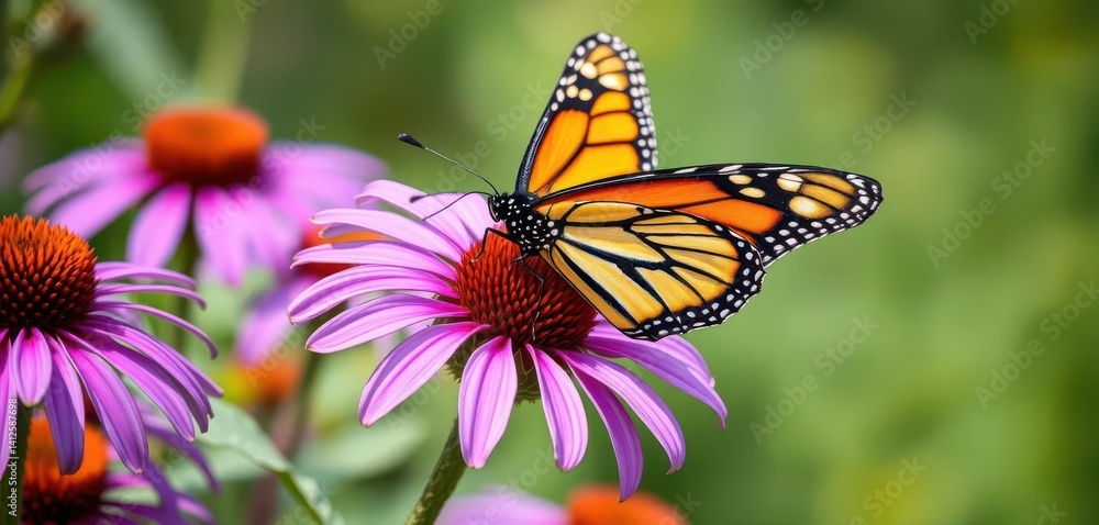 Naklejka premium A monarch butterfly delicately perched on a vibrant purple coneflower, wings spread, macro, nature