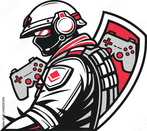 A stylized illustration of a gamer character, reminiscent of a soldier, holding a game controller and a shield with another controller.