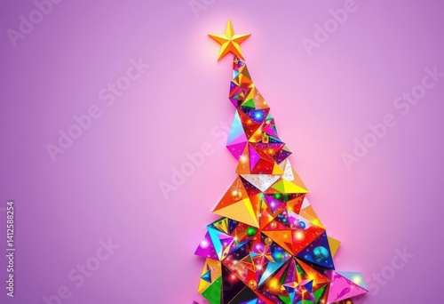 Abstract geometric Christmas tree, metallic accents, vibrant colors, digital art, graphic