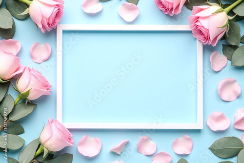 pink roses and eucalyptus leaves on a blue background