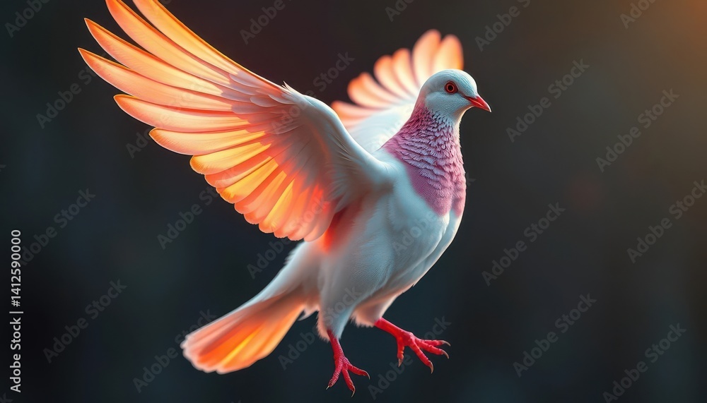 Obraz premium A dove with wings ablaze, feathers incandescent, beautiful, contrast