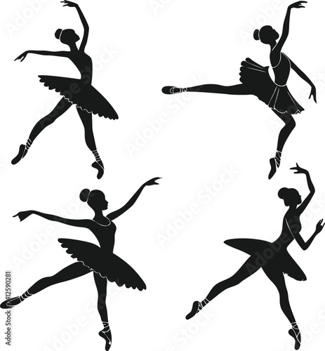 A collection of black silhouettes of ballerinas in graceful poses, showcasing the beauty and elegance of ballet.