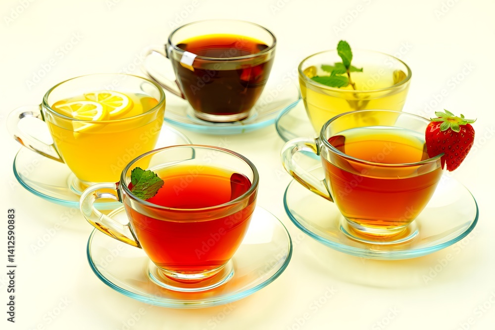 A tempting visual of various herbal tea cups featuring lemon, mint, and strawberry, offering a refreshing and healthy beverage experience. A tempting visual of various herbal tea cups featuring lemon, mint, and strawberry, offering a refreshing and healthy beverage experience.