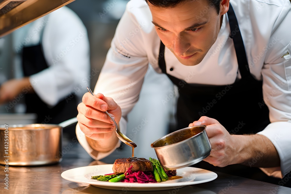 A chef meticulously prepares a gourmet dish, drizzling a rich sauce over a perfectly seared steak, showcasing culinary expertise and passion. A chef meticulously prepares a gourmet dish, drizzling a rich sauce over a perfectly seared steak, showcasing culinary expertise and passion.