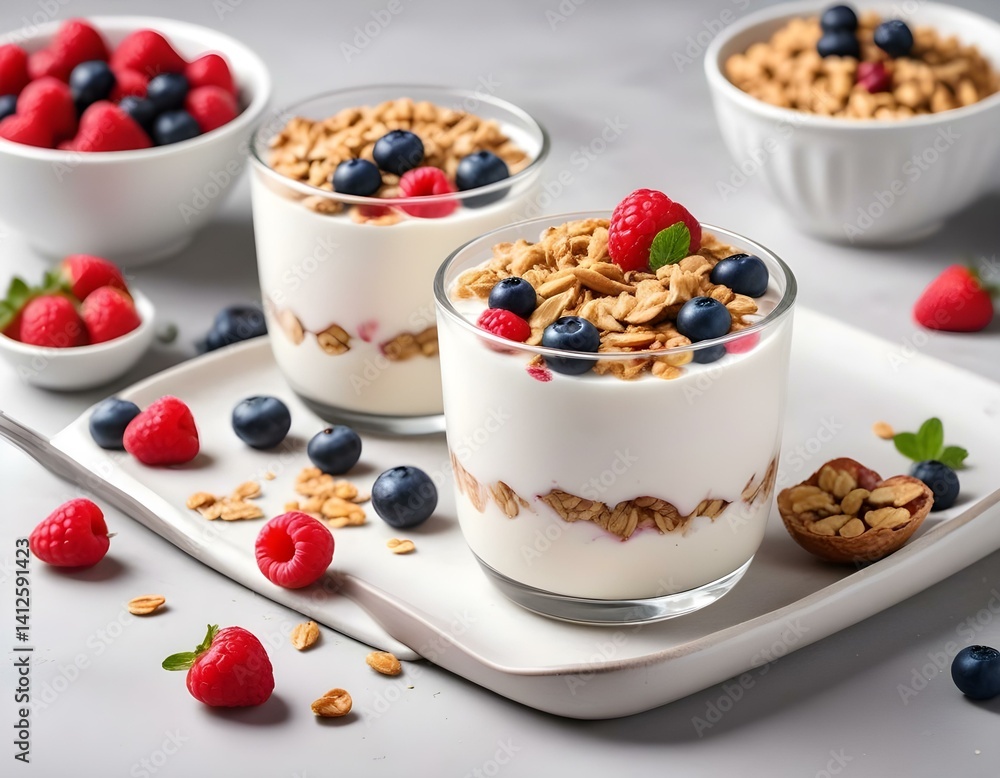 yogurt with muesli and berries on white background yogurt with muesli and berries on white background